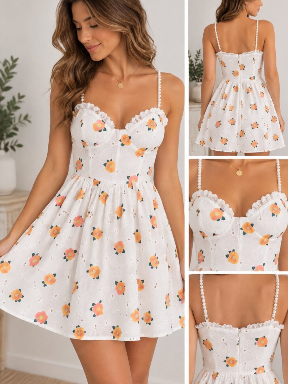 SHEIN White Floral Eyelet Sundress XS Spaghetti Strap